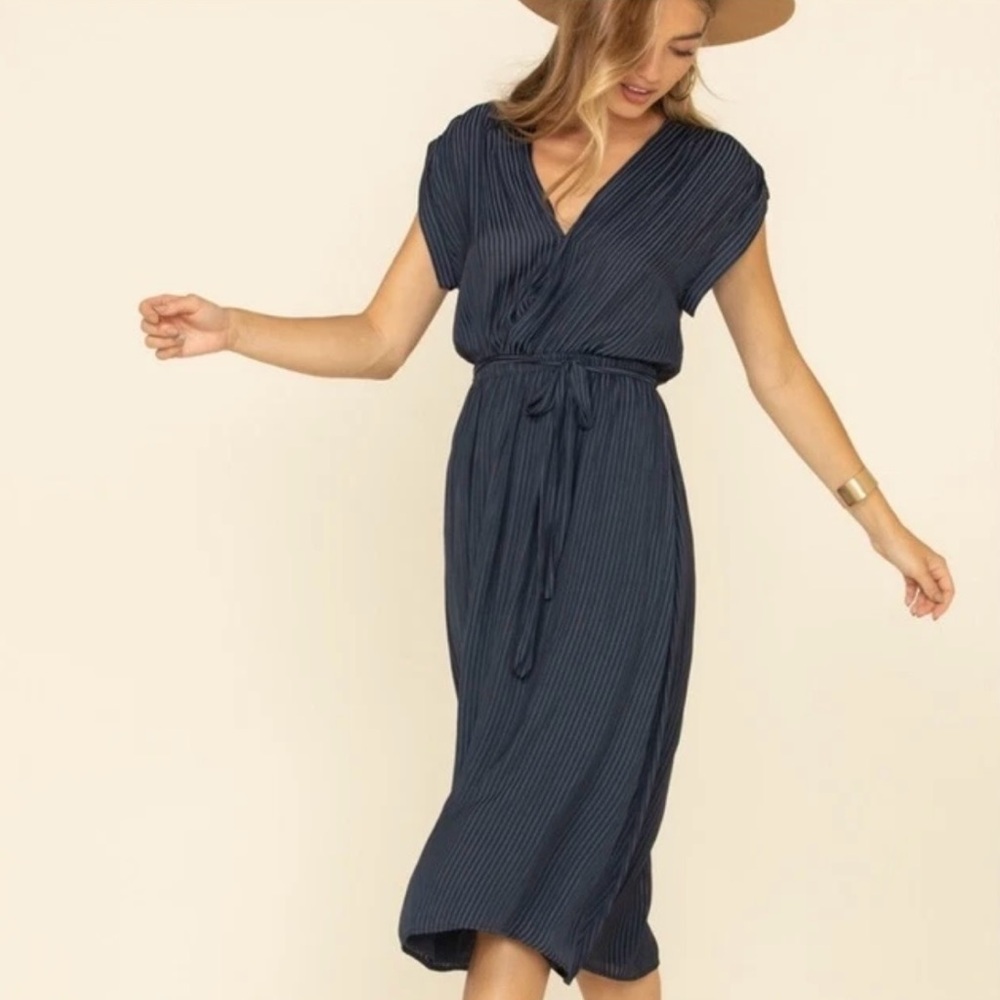 NWT Rag Poets Elegant Navy Striped Chalet Midi Dress Women's Large Fall Trends